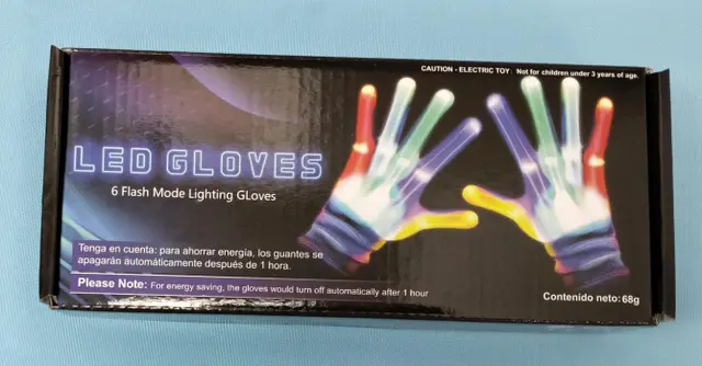 LED Gloves Recalled Due to Risk of Serious Injury or Death from Battery Ingestion; Violates the Mandatory Toy Standard and Child Resistant Coin Battery Packaging Standard; Sold on Amazon by Minongad: Recalled LED Gloves, Model ST01 – Packaging, photo 3 of 4
