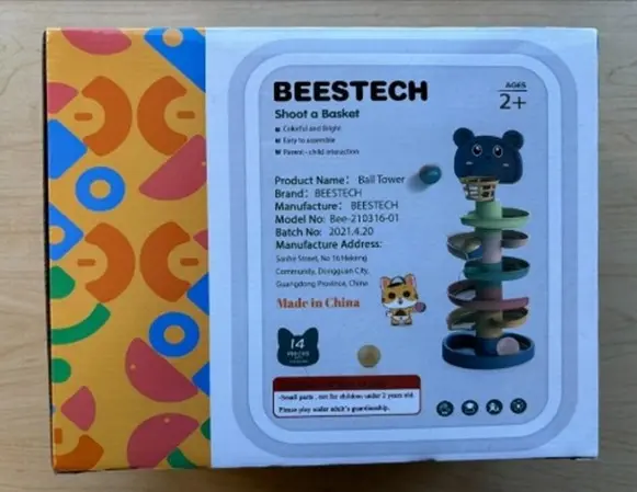 Children's Toys Recalled Due to Risk of Serious Injury or Death from Choking Hazard; Violates the Small Ball Ban; Sold on Amazon by Beestech: "Beestech" and model number "Bee-210316-01" are printed on the packaging of the recalled spiral tower toy, photo 2 of 2