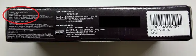 LED Gloves Recalled Due to Risk of Serious Injury or Death from Battery Ingestion; Violates the Mandatory Toy Standard and Child Resistant Coin Battery Packaging Standard; Sold on Amazon by Minongad: Recalled LED Gloves, Model ST01 – Bottom of Package, photo 4 of 4