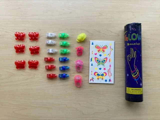 SNLN Party Supply Toys Recalled Due to Ingestion Hazard; Risk of Serious Injury or Death; Federal Toy Standard Violation; Sold Exclusively on Amazon by Yiwu Dixikeji Douxiangongsi: Recalled SNLN Party Supply Toys with Butterfly Clips, Mini Flashlights, Light-Up Ring, Sticker Book and 100-Piece Glow Bracelets, photo 1 of 4