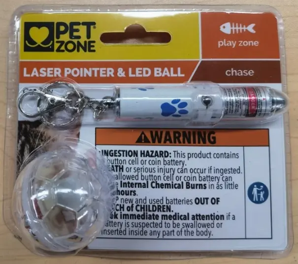 Petmate Recalls Pet Zone Pet Toys Due to Risk of Serious Injury or Death from Ingestion Hazard; Violation of Mandatory Standard for Consumer Products with Button Cell Batteries; Sold Exclusively at Menards: Recalled Pet Zone Laser Pointer and LED Ball Pet Toys, photo 1 of 3
