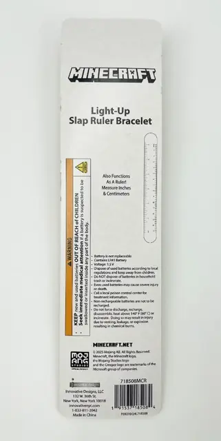 Innovative Designs Recalls Minecraft Light-Up Slap Ruler Bracelets Due to Risk of Serious Injury or Death from Button Cell Battery Ingestion Hazard; Violates Mandatory Standard for Toys: Recalled Minecraft Light-Up Slap Ruler Bracelet, Model 718508MCR – Back, photo 2 of 4