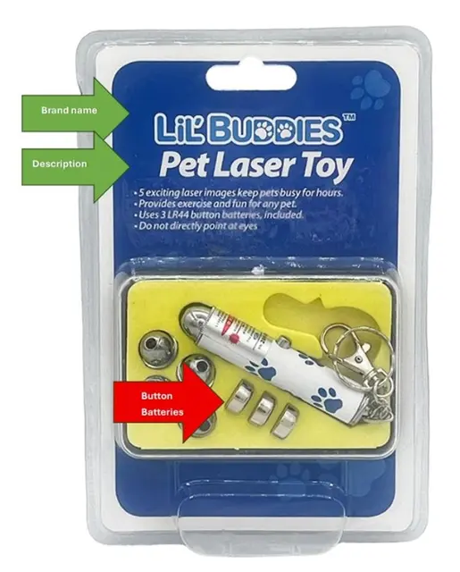 JC Sales Recalls Lil' Buddies Pet Laser Toys Due to Risk of Serious Injury or Death from Battery Ingestion Hazard; Violates Mandatory Standard for Consumer Products with Button Cell Batteries: Recalled LiL'BUDDIES Pet Laser Toy (front of the package), photo 1 of 2