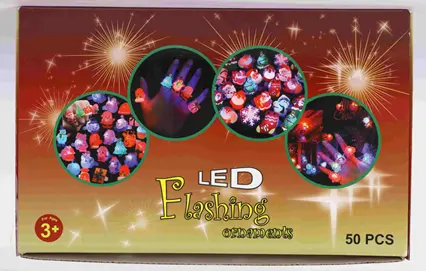 Coluans Christmas Light-Up Rings Recalled Due to Risk of Serious Injury or Death from Battery Ingestion Hazard; Violates Mandatory Standard for Toys; Sold on Amazon by BUDI Official: Front view of packaging box, photo 2 of 4