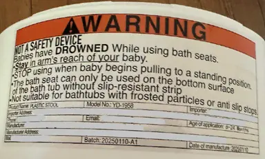 Trankerloop Baby Bath Seats Recalled Due to Risk of Serious Injury or Death to Children from Drowning; Violates Mandatory Standard for Infant Bath Seats: "PLASTIC STOOL" and "Model: YD-1958" on tracking label on the back of the seat, photo 2 of 2