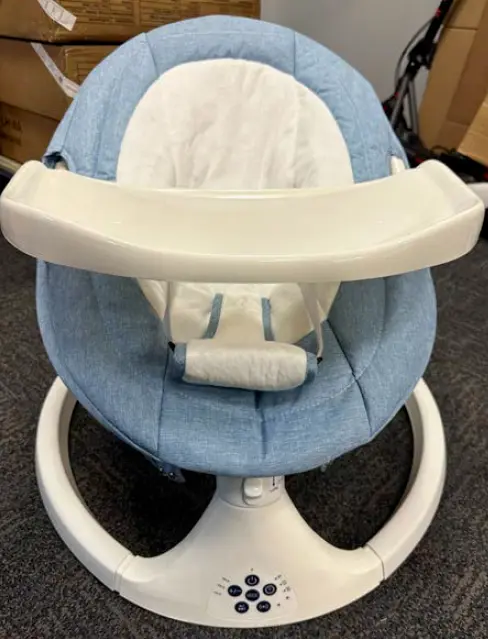 ZRWD Infant Swings Recalled Due to Risk of Serious Injury or Death from Suffocation Hazard; Multiple Federal Safety Violations; Sold Exclusively on Amazon.com by ZRWD: Recalled ZRWD Infant Swing with Blue and White Fabric and White Base, photo 3 of 4