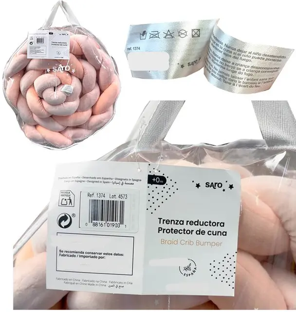 The Kalencom Corporation Recalls SARO Braided Crib Bumpers Due to Risk of Serious Injury or Death from Suffocation; Violates Federal Crib Bumper Ban: Location of product tags showing "Ref. 1374", photo 2 of 2