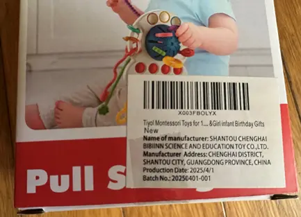 Tiyol Pull String Teething Toys Recalled Due to Risk of Serious Injury or Death from Choking; Violates Mandatory Standard for Toys; Sold on Amazon by ZW Creations: Recalled Tiyol Pull String Teething Toy (back of product packaging), photo 4 of 4