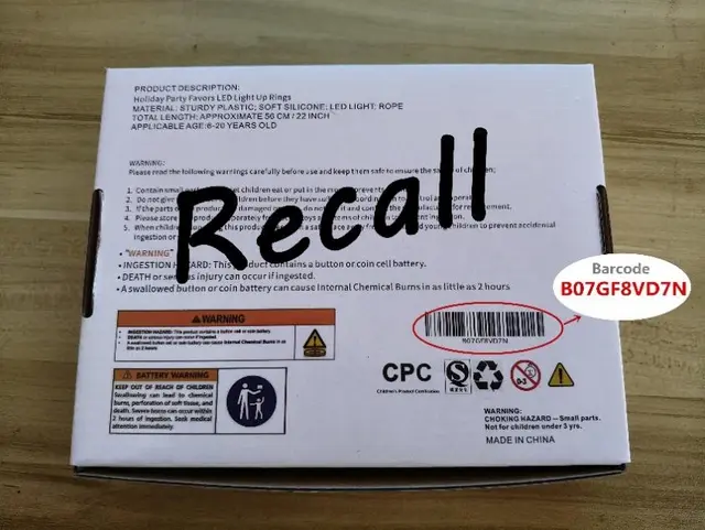 Gavoyeat Halloween Light-Up Rings Recalled Due to Risk of Serious Injury or Death from Battery Ingestion Hazard; Violates Mandatory Standard for Toys; Sold on Amazon by CSZWEICD: Back of package, photo 3 of 3