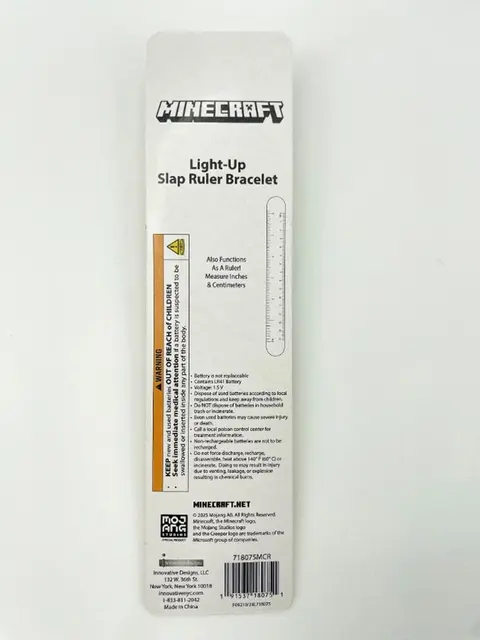 Innovative Designs Recalls Minecraft Light-Up Slap Ruler Bracelets Due to Risk of Serious Injury or Death from Button Cell Battery Ingestion Hazard; Violates Mandatory Standard for Toys: Recalled Minecraft Light-Up Slap Ruler Bracelet, Model 718075MCR - Back, photo 4 of 4