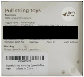 Little Rawr Pull String Teething Toys Recalled Due to Risk of Serious Injury or Death from Choking; Violate Mandatory Standard for Toys; Sold on Amazon by Okabesini-us: Recalled Little Rawr Silicone Pull String Teething Toys- Back of packaging, photo 3 of 3