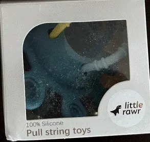 Little Rawr Pull String Teething Toys Recalled Due to Risk of Serious Injury or Death from Choking; Violate Mandatory Standard for Toys; Sold on Amazon by Okabesini-us: Recalled Little Rawr Silicone Pull String Teething Toys- Front of packaging, photo 2 of 3