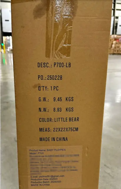 Play Yards Recalled Due to Risk of Serious Injury or Death from Suffocation and Entrapment Hazards; Violate Mandatory Standard for Play Yards; Sold on Amazon by Anna Queen: Packaging with model number "P700", photo 3 of 3