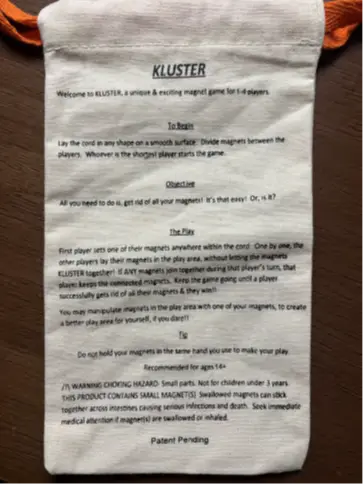 Stoney Games Recalls Kluster Magnet Chess Games Due to Risk of Serious Injury or Death from Magnet Ingestion; Violates Mandatory Standard for Toys: Recalled Kluster Fun Tabletop Magnet Chess Game (Back of Pouch with Gameplay Instructions), photo 2 of 3