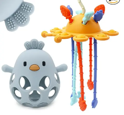 CuddleCubs Creations Teething Toy Sets Recalled Due to Risk of Serious Injury or Death from Choking; Violate Mandatory Standard for Toys; Sold on Amazon by YouRfocus: Recalled CuddleCubs Creation Baby Highchair Teething Toy Set, Color "BlueOrange" (Pull String Teething Toy on right), photo 1 of 4