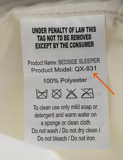 AirClub Convertible Bassinets Recalled Due to Risk of Serious Injury or Death from Fall Hazard; Violates Mandatory Standard for Bedside Sleepers: "Product Model: QX-831" is printed on a label located on bottom of the convertible bassinets underneath the mattress pad, photo 4 of 4