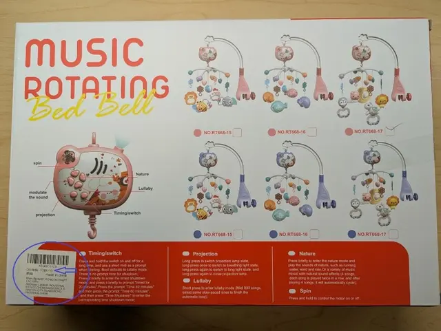 Youbeien Crib Mobiles Recalled Due to Risk of Serious Injury or Death from Battery Ingestion; Violates the Mandatory Toy Standard for Batteries; Sold on Amazon by GKKBSJ: Model RT668-17 is printed on a while label on the back of Youbeien recalled crib mobile packaging, photo 4 of 4