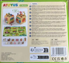 ATOYUS Children's Activity Cubes Recalled Due to Risk of Serious Injury or Death from Choking Hazard; Violate Small Parts Ban and Mandatory Standard for Toys; Sold on Amazon by Melofaver US: "Model No. GLBB554" and the brand name are printed on the back for the recalled ATOYUS activity cube box, photo 2 of 2