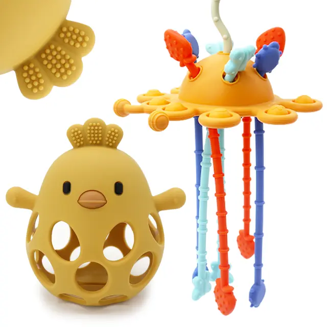 CuddleCubs Creations Teething Toy Sets Recalled Due to Risk of Serious Injury or Death from Choking; Violate Mandatory Standard for Toys; Sold on Amazon by YouRfocus: Recalled CuddleCubs Creations Baby Highchair Teething Toy Set, Color "YellowOrange" (Pull String Teething Toy on top right), photo 2 of 4