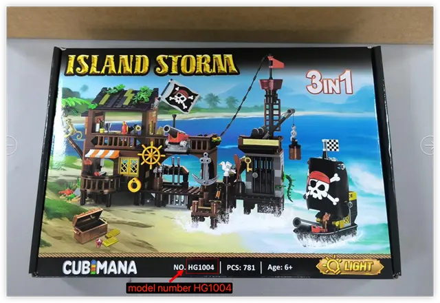Cubimana Island Storm 3 In 1 Building Sets Recalled Due to Risk of Serious Injury or Death from Battery Ingestion; Violates Mandatory Standard for Toys; Sold on Amazon by RBS Toys: Recalled Cubimana Pirate Ship Building Set box with model number (front), photo 1 of 4