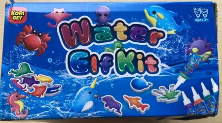 Kori Gey Water Toy Kits Recalled Due to Risk of Serious Injury or Death from Battery Ingestion; Violates Mandatory Standard for Toys; Sold on Amazon by Qaniy: "Kori Gey" and "Water Elf Kit" are printed on the front of the outer packaging of the recalled toy kits, photo 2 of 4