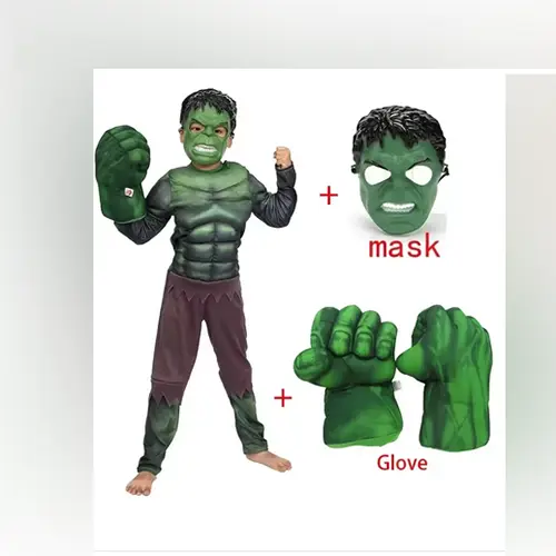 Costume de super héros Hulk cosplay musculaire masque gants en peluche vetements d'Halloween, photo 1 of 3