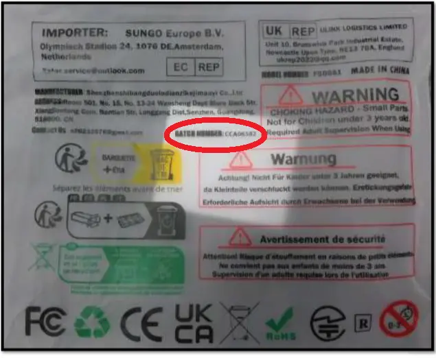 Magnet Fidget Spinner Sets Recalled Due to Risk of Serious Injury or Death from Magnet Ingestion; Violates Mandatory Standard for Toys; Sold on Amazon by Anzmtosn: Recalled Anzmtosn Magnet Fidget Spinner Set, Back Label with Batch Numbe, photo 2 of 2